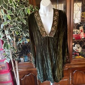 Vintage Green Silk Velvet Beaded Whimsigoth Indian Tunic Top Mini Dress Womens 4